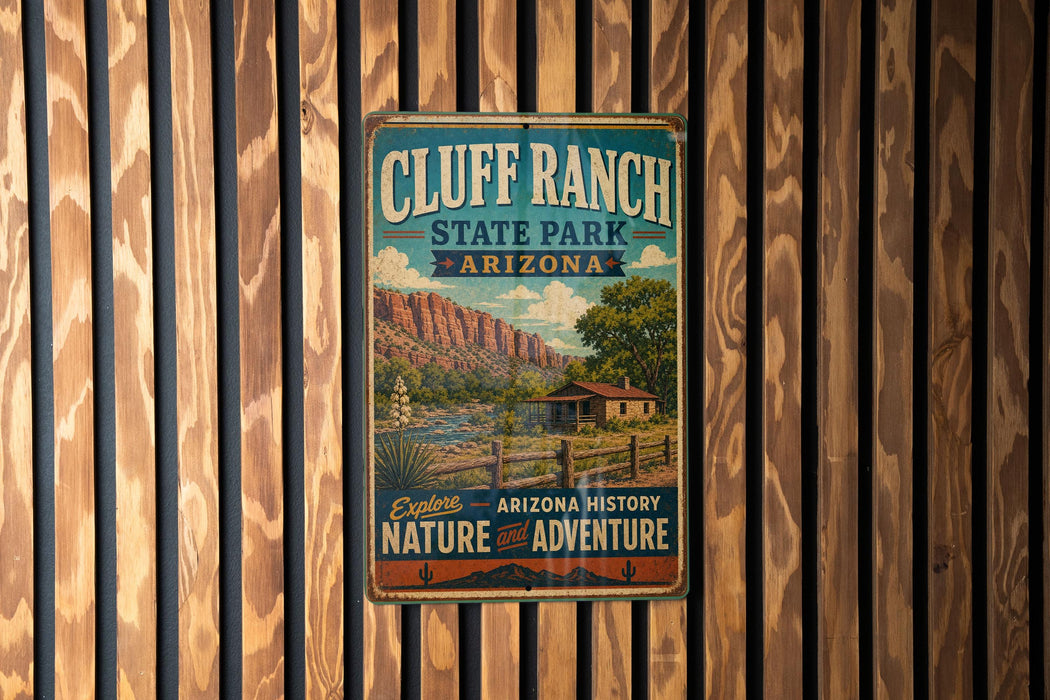A vintage metal sign for Cluff Ranch State Park in Arizona, featuring a scenic illustration of the park's landscape and a cabin.