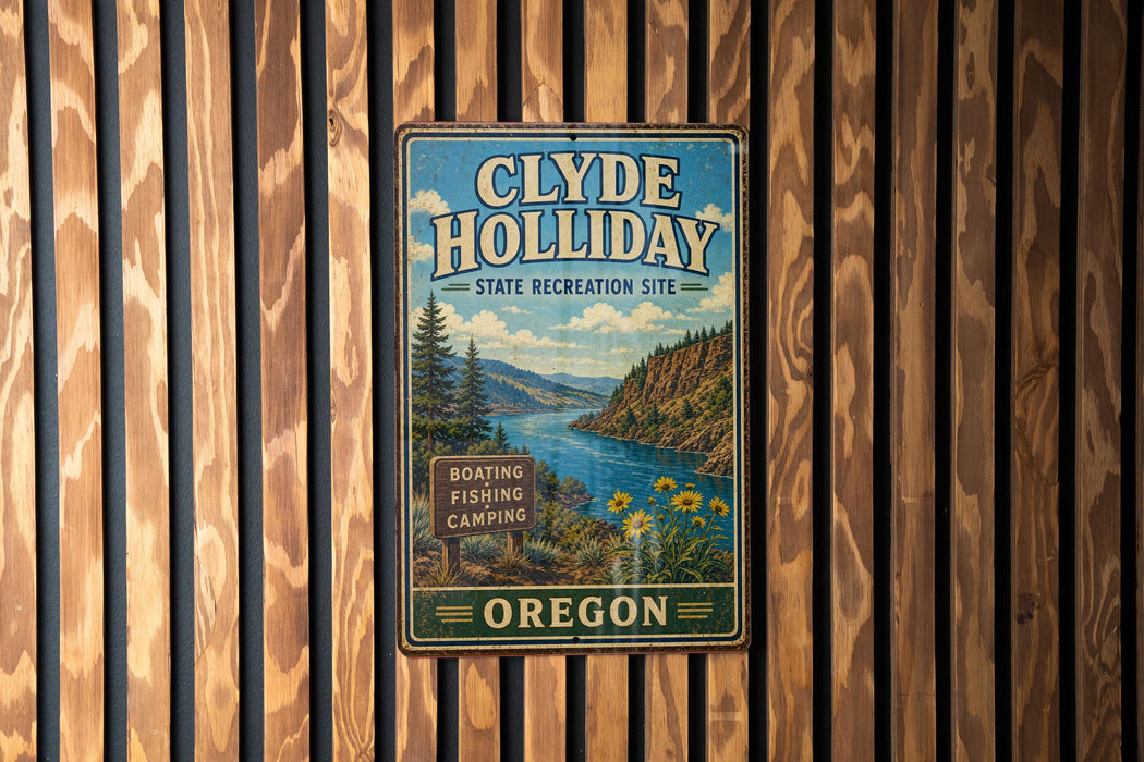 A vintage metal sign for Clyde Holiday State Recreation Site in Oregon, featuring a scenic landscape with a river, mountains, and a sign indicating boating, fishing, and camping opportunities.