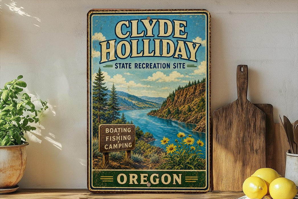 A vintage-style sign for Clyde Holiday State Recreation Site in Oregon, featuring a scenic landscape with a river, mountains, and flowers.