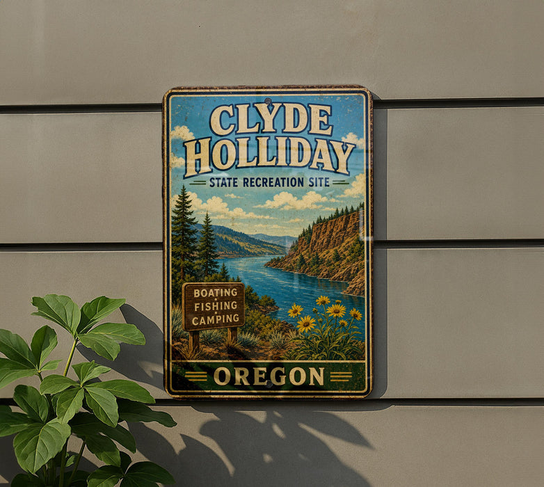 A vintage metal sign for Clyde Holliday State Recreation Site, featuring a scenic landscape with a river, mountains, and flowers.