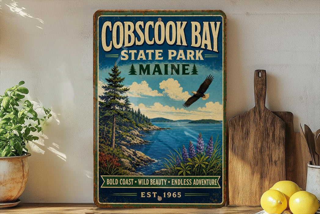 A vintage-style metal sign for Cobscook Bay State Park in Maine, featuring a scenic landscape with a bald eagle in flight, pine trees, and a body of water.