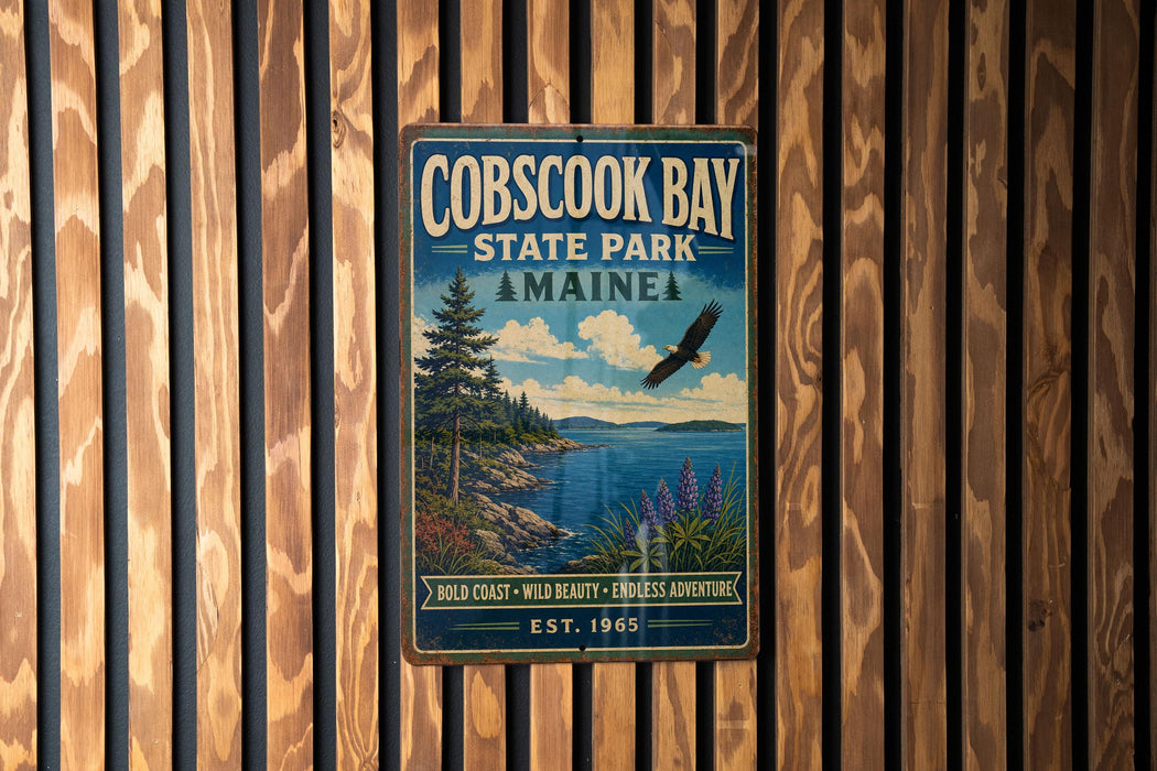 A vintage metal sign for Cobscook Bay State Park in Maine, featuring a scenic landscape with a pine tree, a bird in flight, and a body of water.