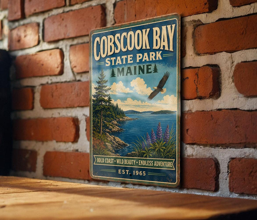 A vintage metal sign for Cobscook Bay State Park in Maine, featuring a scenic landscape with a bird in flight, a pine tree, and a body of water.