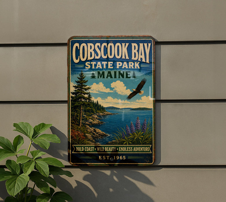 A vintage-style metal sign for Cobscook Bay State Park in Maine, featuring a scenic landscape with a pine tree, a bird in flight, and a body of water.