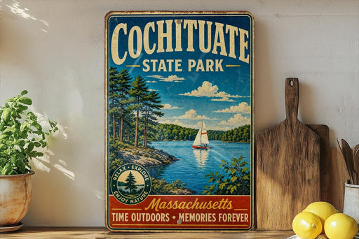 A vintage-style sign for Cochitiate State Park, featuring a scenic image of a sailboat on a lake surrounded by pine trees.