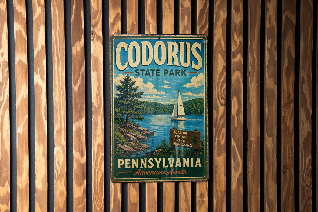 A vintage metal sign for Codorus State Park in Pennsylvania, featuring a scenic illustration of a lake, pine trees, and a sailboat.