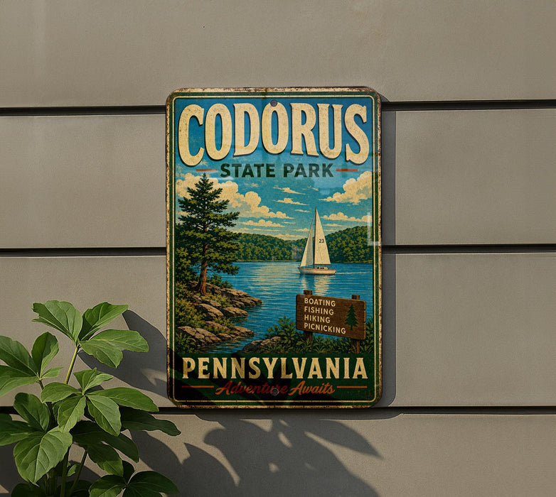 A vintage metal sign for Codorus State Park in Pennsylvania, featuring a scenic image of a lake with a sailboat and mountains in the background.