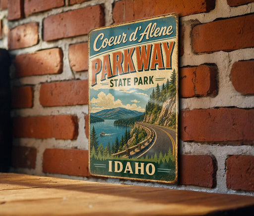 A vintage-style sign for Coeur d'Alene Parkway, featuring a scenic mountain landscape and a winding road.