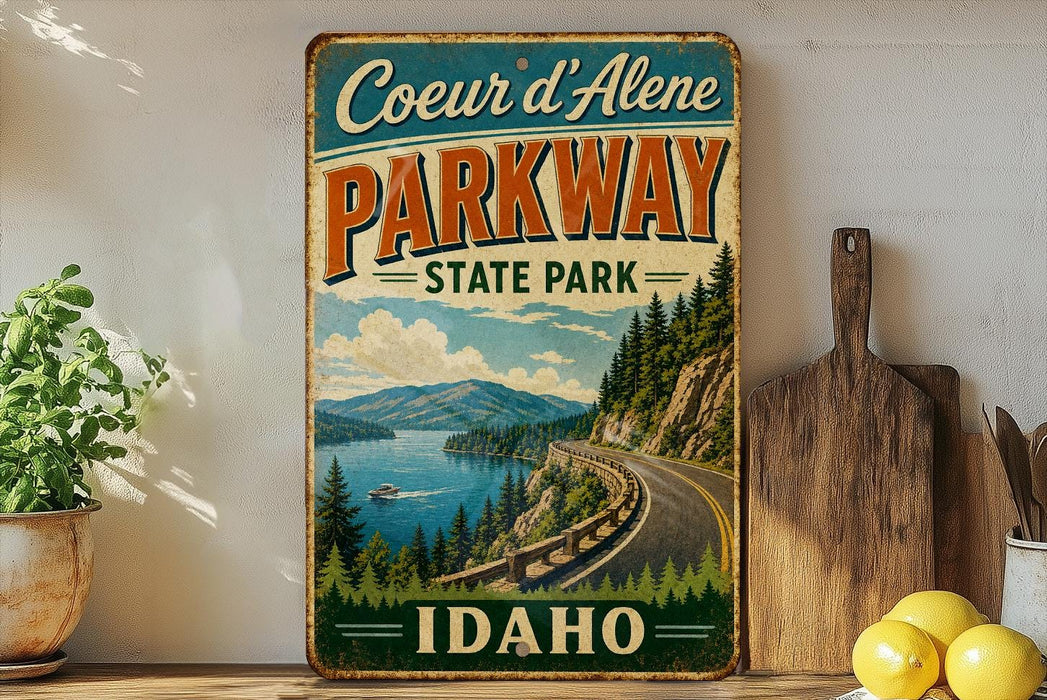A vintage-style metal sign for Coeur d'Alene Parkway, featuring a scenic mountain landscape with a winding road and a boat on the water.