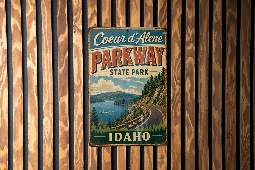 A vintage metal sign for Coeur d'Alene Parkway, featuring a scenic mountain landscape and a winding road.