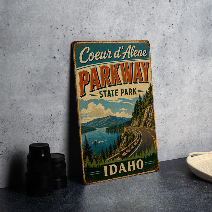 A vintage-style sign for Coeur d'Alene Parkway, with a scenic illustration of a winding road surrounded by mountains and a lake.