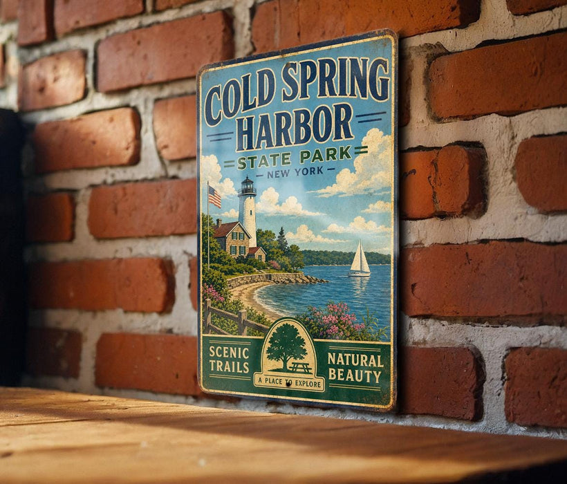A vintage metal sign for Cold Spring Harbor State Park in New York, featuring a lighthouse and a scenic landscape with a sailboat on the water.