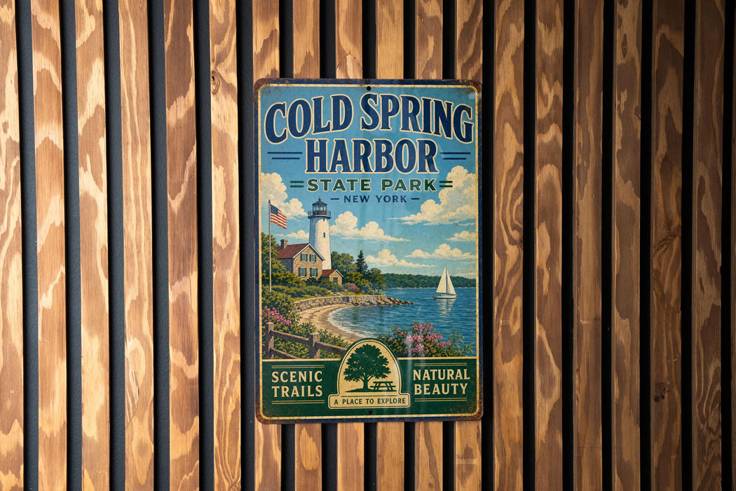 A vintage metal sign for Cold Spring Harbor State Park in New York, featuring a lighthouse and a scenic landscape.