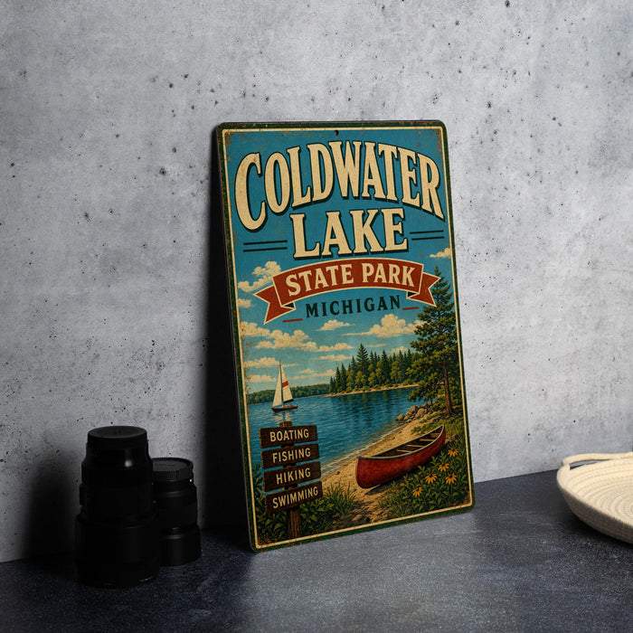 A vintage metal sign for Coldwater Lake State Park in Michigan, featuring a scenic illustration of a lake, boat, and surrounding landscape.