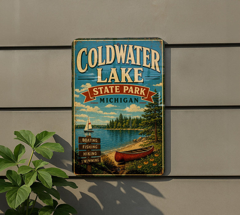 A vintage metal sign for Coldwater Lake State Park in Michigan, featuring a scenic illustration of a lake, boat, and forest.