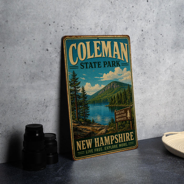 A vintage-style metal sign for Coleman State Park in New Hampshire, featuring a scenic landscape with pine trees, a lake, and mountains.