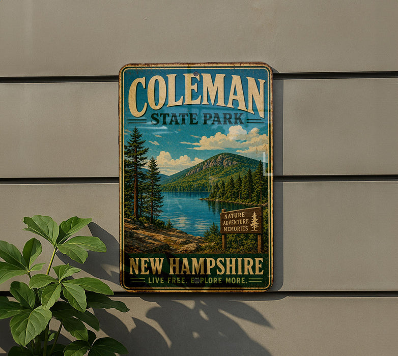 A vintage-style metal sign for Coleman State Park in New Hampshire, featuring a scenic landscape with pine trees, a lake, and mountains.
