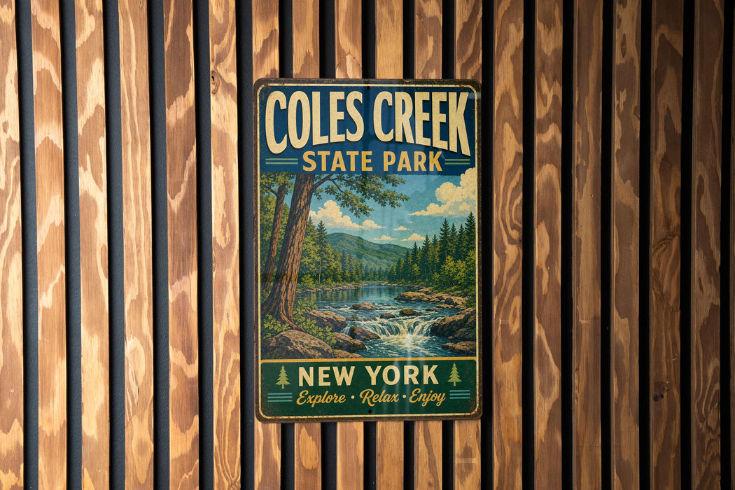 A vintage-style metal sign for Coles Creek State Park, featuring a scenic landscape with a river, trees, and mountains.