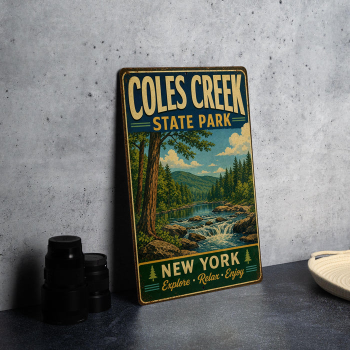 A vintage-style metal sign for Coles Creek State Park, featuring a scenic landscape with a river, trees, and mountains.