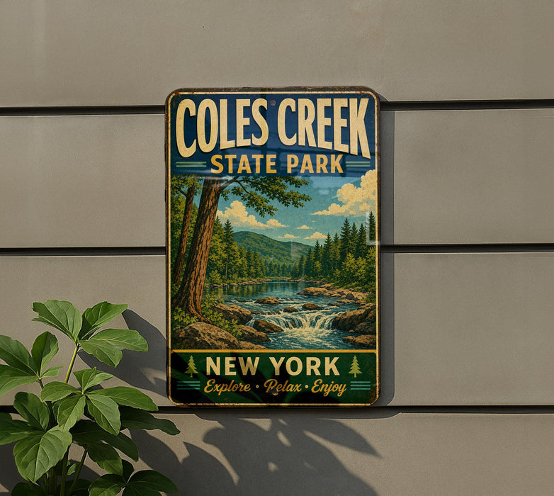 A vintage-style metal sign for Coles Creek State Park, featuring a scenic landscape with a river, trees, and mountains.