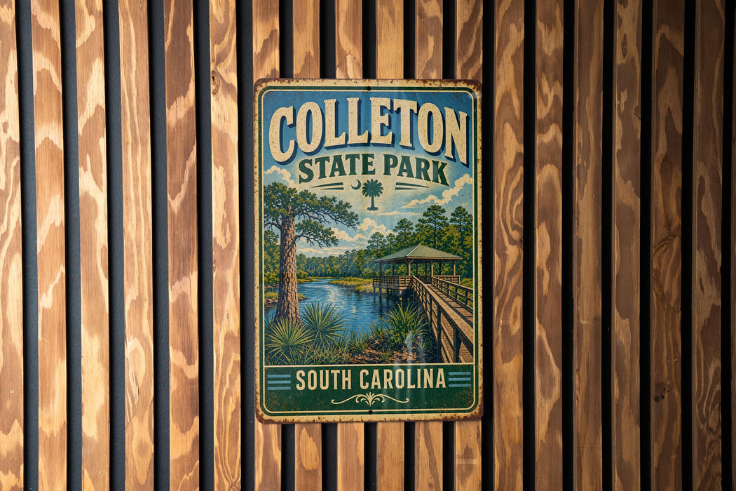 A vintage-style metal sign for Colleton State Park in South Carolina, featuring a scenic landscape with a river, palm trees, and a wooden bridge.