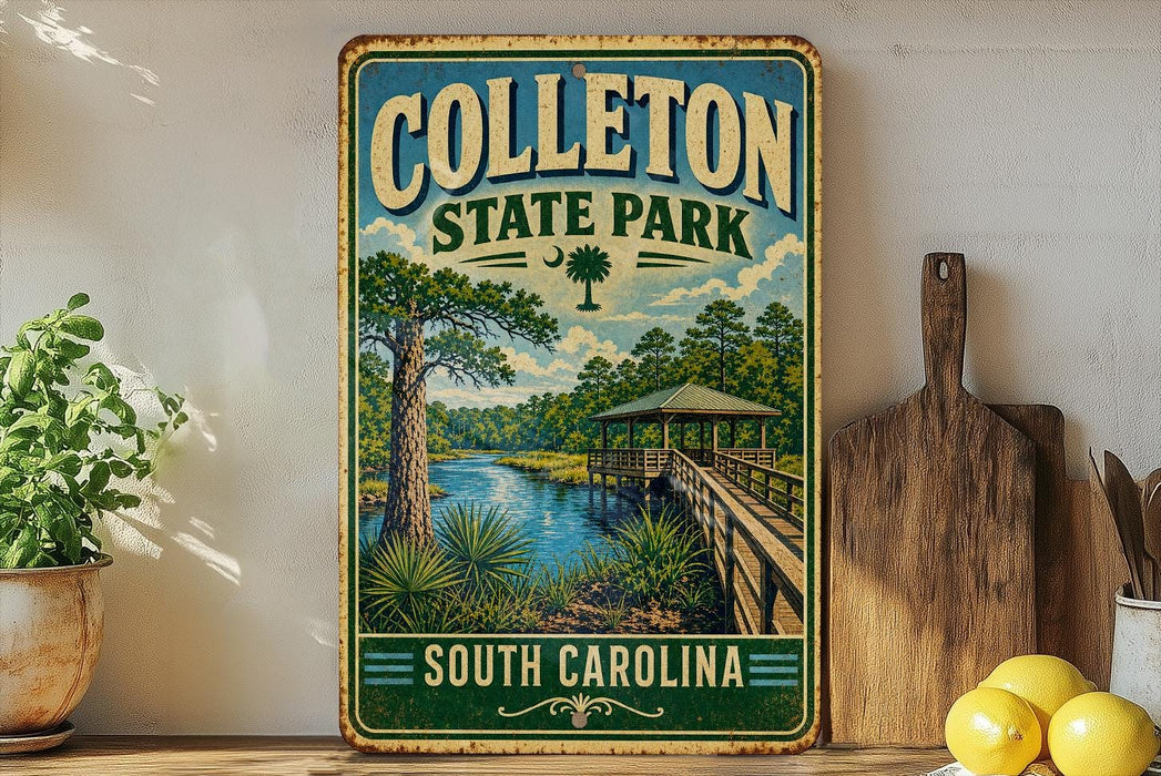 A vintage-style sign for Colleton State Park in South Carolina, featuring a scenic illustration of a river, bridge, and surrounding landscape.