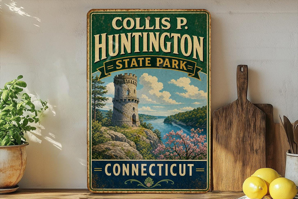 A vintage-style sign for Collins P. Huntington State Park in Connecticut, featuring a castle tower and a scenic landscape.