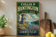 A vintage-style sign for Collins P. Huntington State Park in Connecticut, featuring a castle tower and a scenic landscape.