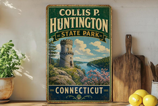 A vintage-style sign for Collins P. Huntington State Park in Connecticut, featuring a castle tower and a scenic landscape.