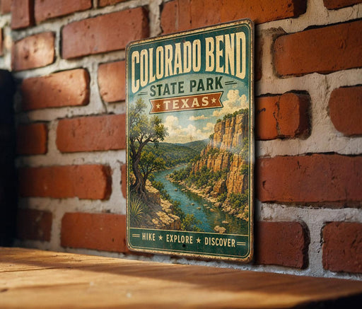 A vintage-style metal sign for Colorado Bend State Park in Texas, featuring a scenic landscape with a river and mountains.