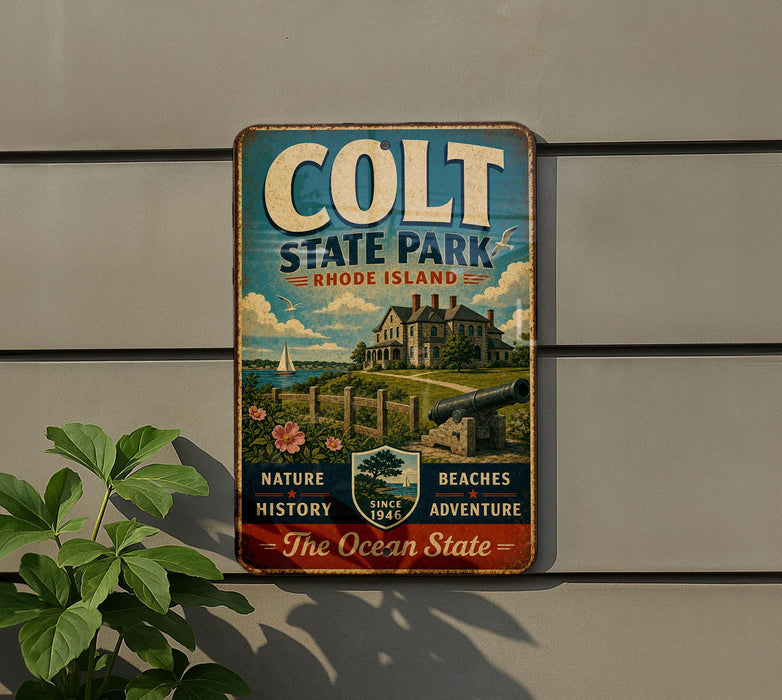 A vintage metal sign for Colt State Park in Rhode Island, featuring a scenic illustration of a house, a lighthouse, and a ship on the ocean.