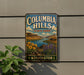A vintage-style metal sign for Columbia Hills State Park in Washington, featuring a scenic landscape with mountains, a river, and sunflowers.