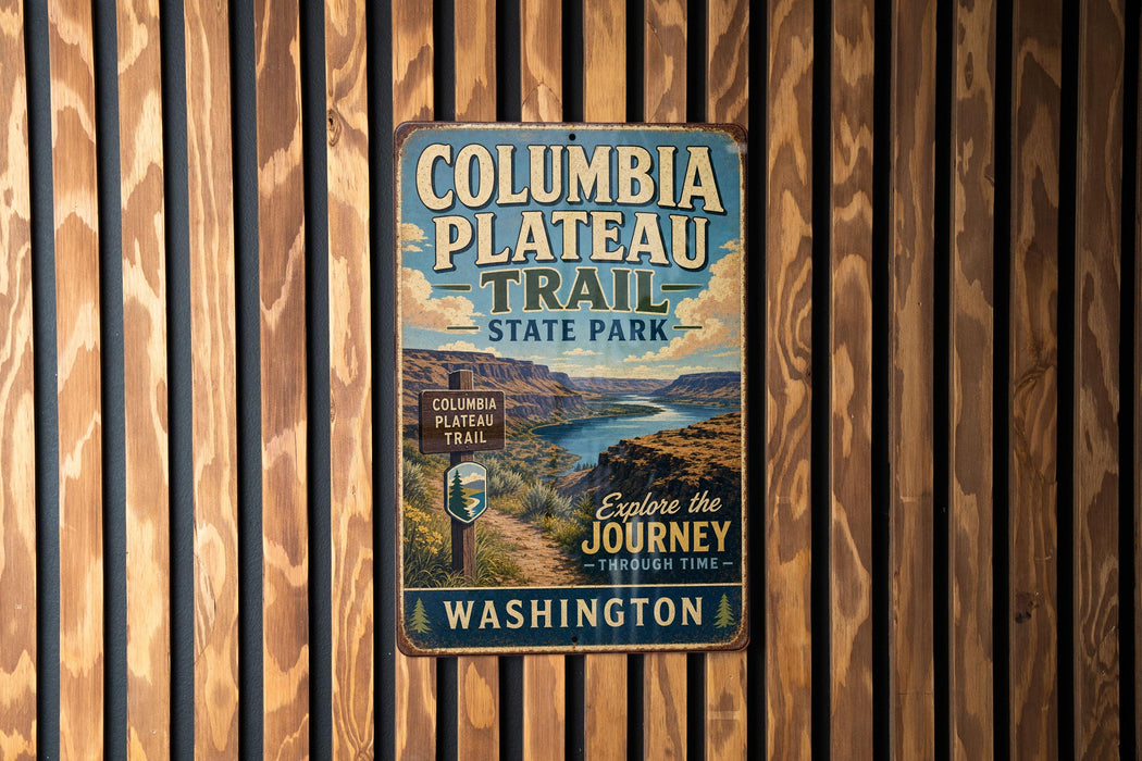 A metal sign for Columbia Plateau Trail in Washington State Park, featuring a scenic image of the trail and the words "Columbia Plateau Trail" and "State Park Washington".