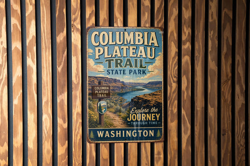 A metal sign for Columbia Plateau Trail in Washington State Park, featuring a scenic image of the trail and the words "Columbia Plateau Trail" and "State Park Washington".