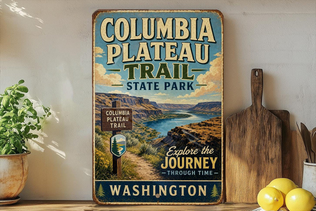 A vintage-style sign for Columbia Plateau Trail in Washington State Park, featuring a scenic mountain landscape and a trail sign.
