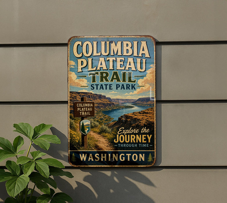 A vintage-style metal sign for Columbia Plateau Trail, located in Washington State Park, with a scenic mountain landscape in the background.