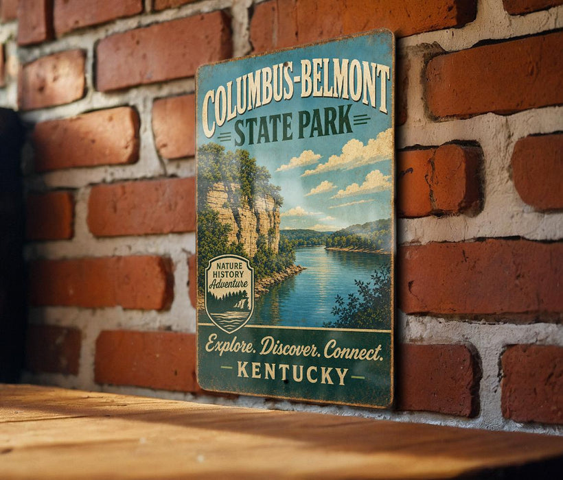 A vintage-style sign for Columbus-Belmont State Park, featuring a scenic image of a river and mountains, mounted on a brick wall.
