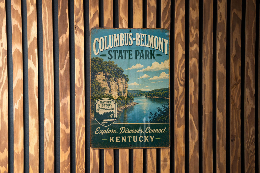 A vintage-style metal sign for Columbus-Belmont State Park in Kentucky, featuring a scenic image of a river and cliffs.