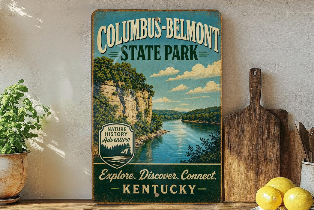 A vintage-style sign for Columbus-Belmont State Park, featuring a scenic image of a river and cliffs, with the text "Columbus-Belmont State Park" and "Explore. Discover. Connect. Kentucky" printed on it.