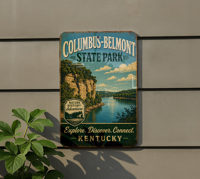 A vintage-style metal sign for Columbus-Belmont State Park, featuring a scenic image of a river and cliffs, is displayed on a wall next to a plant.