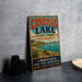 A vintage-style metal sign advertising Conchas Lake, New Mexico, with a scenic image of the lake and surrounding landscape.