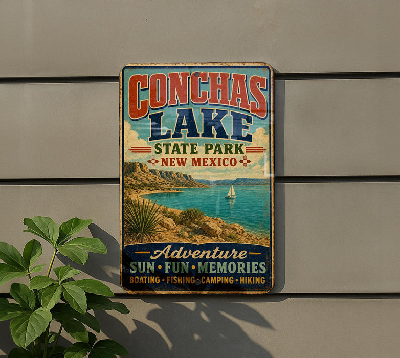 A vintage-style sign for Conchas Lake State Park in New Mexico, featuring a scenic image of the lake and mountains.