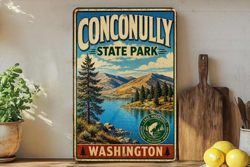 A vintage-style metal sign for Conconlly State Park in Washington, featuring a scenic landscape with mountains, a lake, and pine trees.