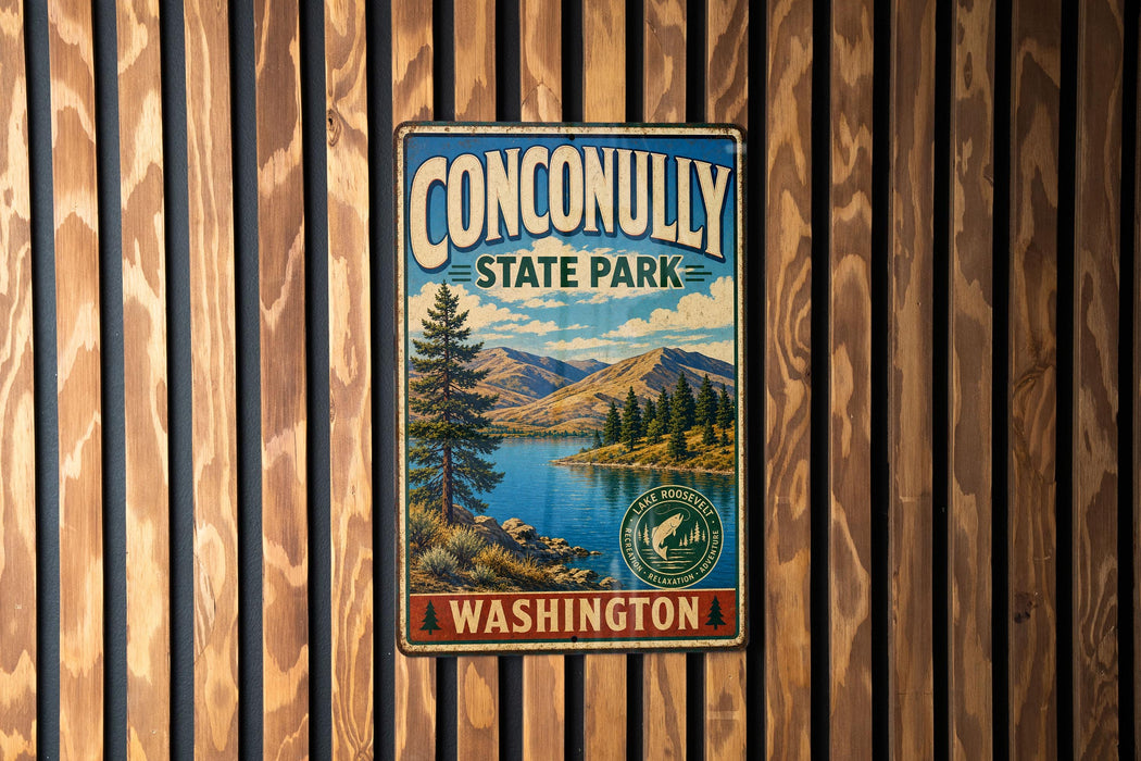 A vintage metal sign for Conconally State Park in Washington, featuring a scenic landscape with mountains, a lake, and pine trees.