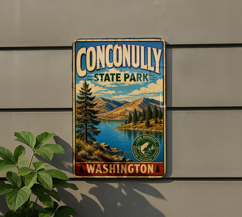 A vintage metal sign for Conconlly State Park in Washington, featuring a scenic landscape with mountains, a lake, and pine trees.