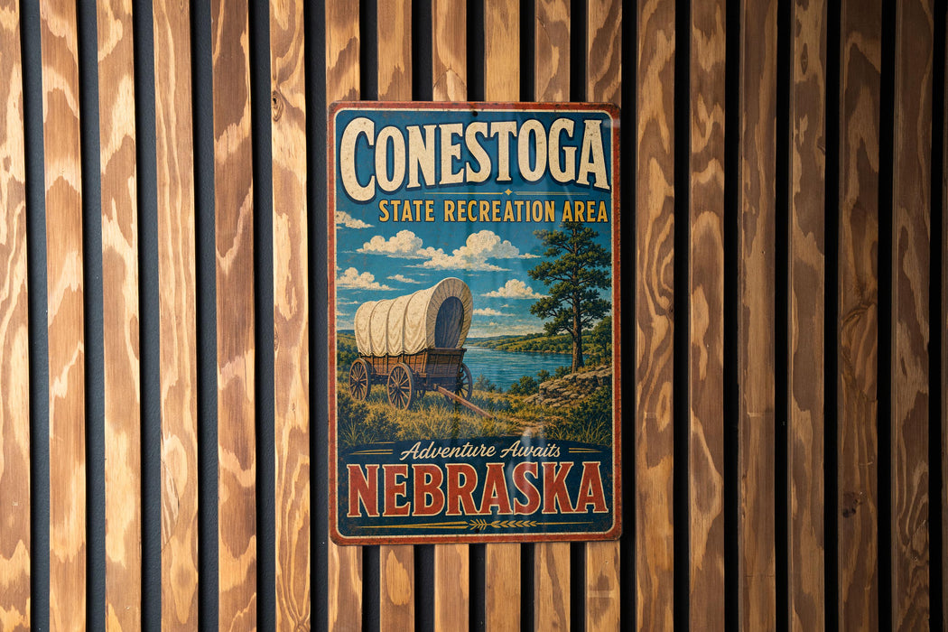 A vintage-style metal sign for Conestoga State Recreation Area in Nebraska, featuring a wagon on a trail and a scenic landscape.