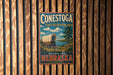 A vintage-style metal sign for Conestoga State Recreation Area in Nebraska, featuring a wagon on a trail and a scenic landscape.