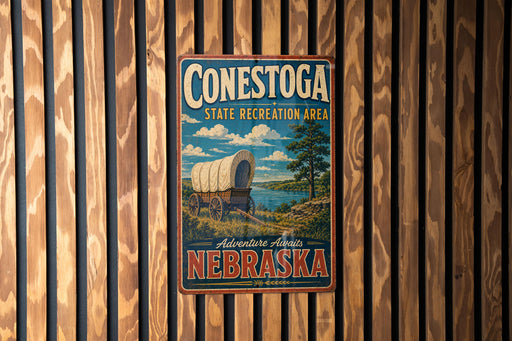 A vintage-style metal sign for Conestoga State Recreation Area in Nebraska, featuring a wagon on a trail and a scenic landscape.