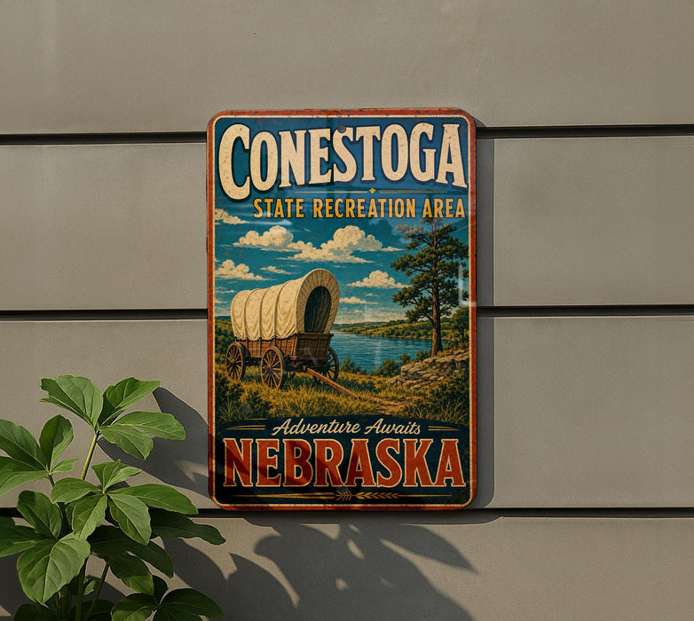 A vintage-style metal sign for Conestoga State Recreation Area in Nebraska, featuring a wagon on a trail and a scenic landscape.