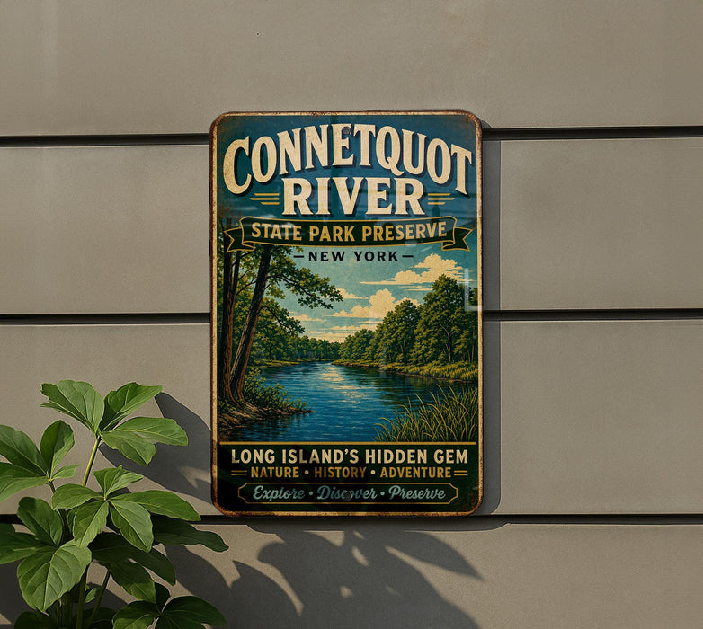 A vintage metal sign for Connetquot River State Park Preserve in New York, featuring a scenic illustration of a river surrounded by lush greenery.